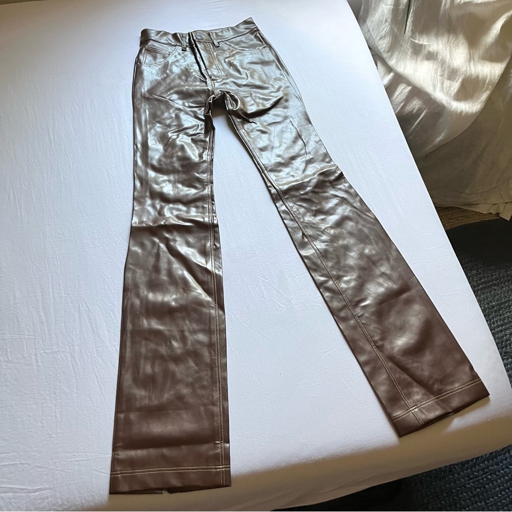 OTTOLINGER brown pu faux leather pleather contrast stitch slim bootcut‎ pants